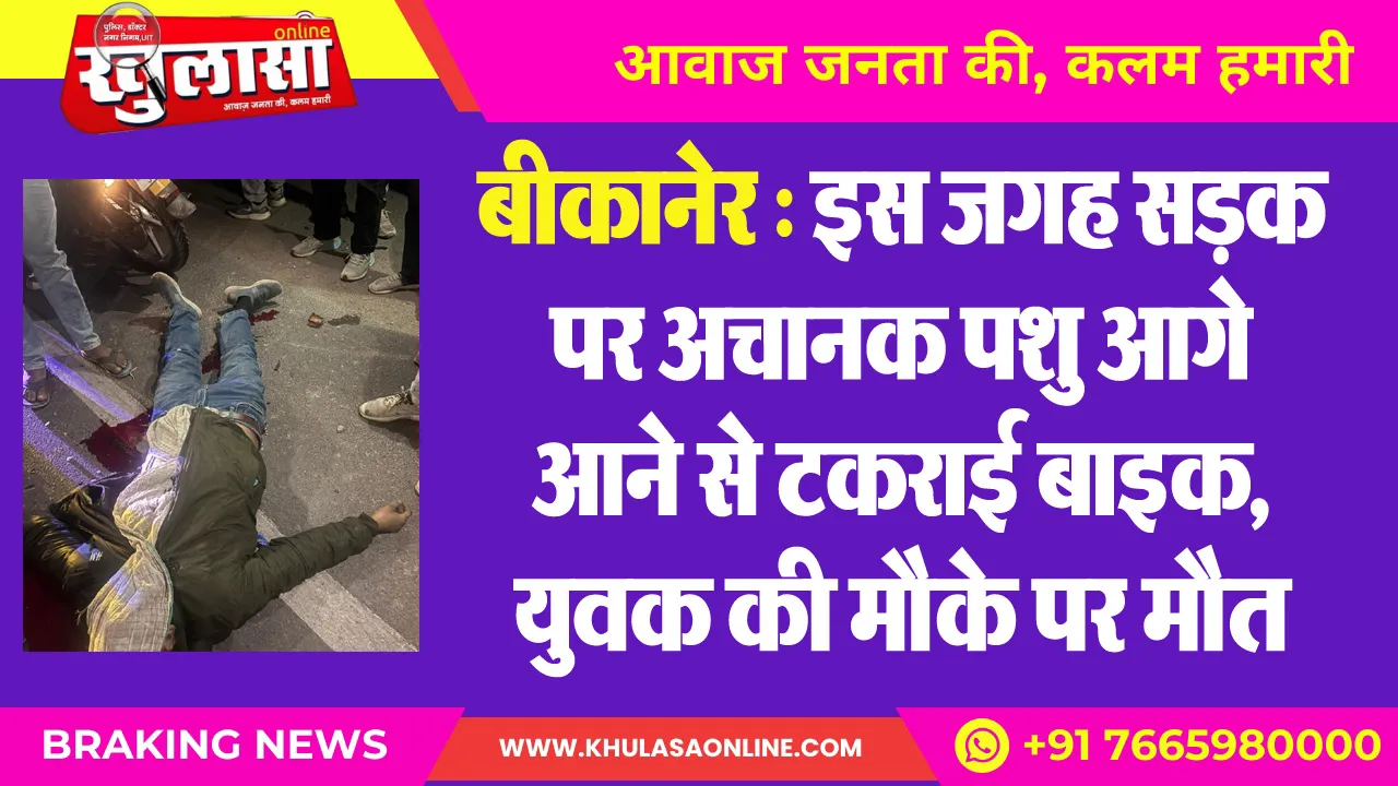 बीकानेर : इस जगह सडक़ पर अचानक पशु आगे आने से टकराई बाइक, युवक की मौके पर मौत