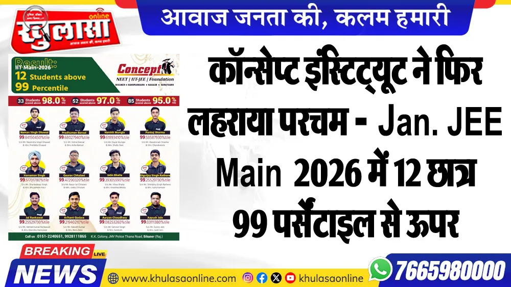 कॉन्सेप्ट इंस्टिट्यूट ने फिर लहराया परचम – Jan. JEE Main 2026 में 12 छात्र 99 पर्सेंटाइल से ऊपर