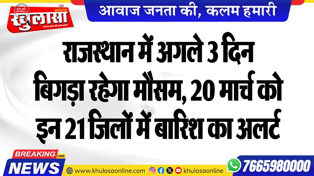 राजस्थान में अगले 3 दिन बिगड़ा रहेगा मौसम, 20 मार्च को इन 21 जिलों में बारिश का अलर्ट