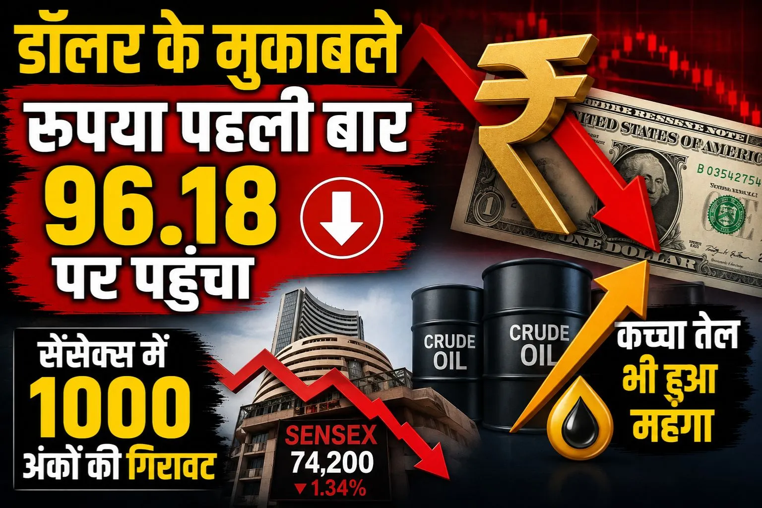 डॉलर के मुकाबले रुपया पहली बार 96.18 पर पहुंचा, कच्चा तेल भी हुआ महंगा, सेंसेक्स में 1000 अंकों की गिरावट