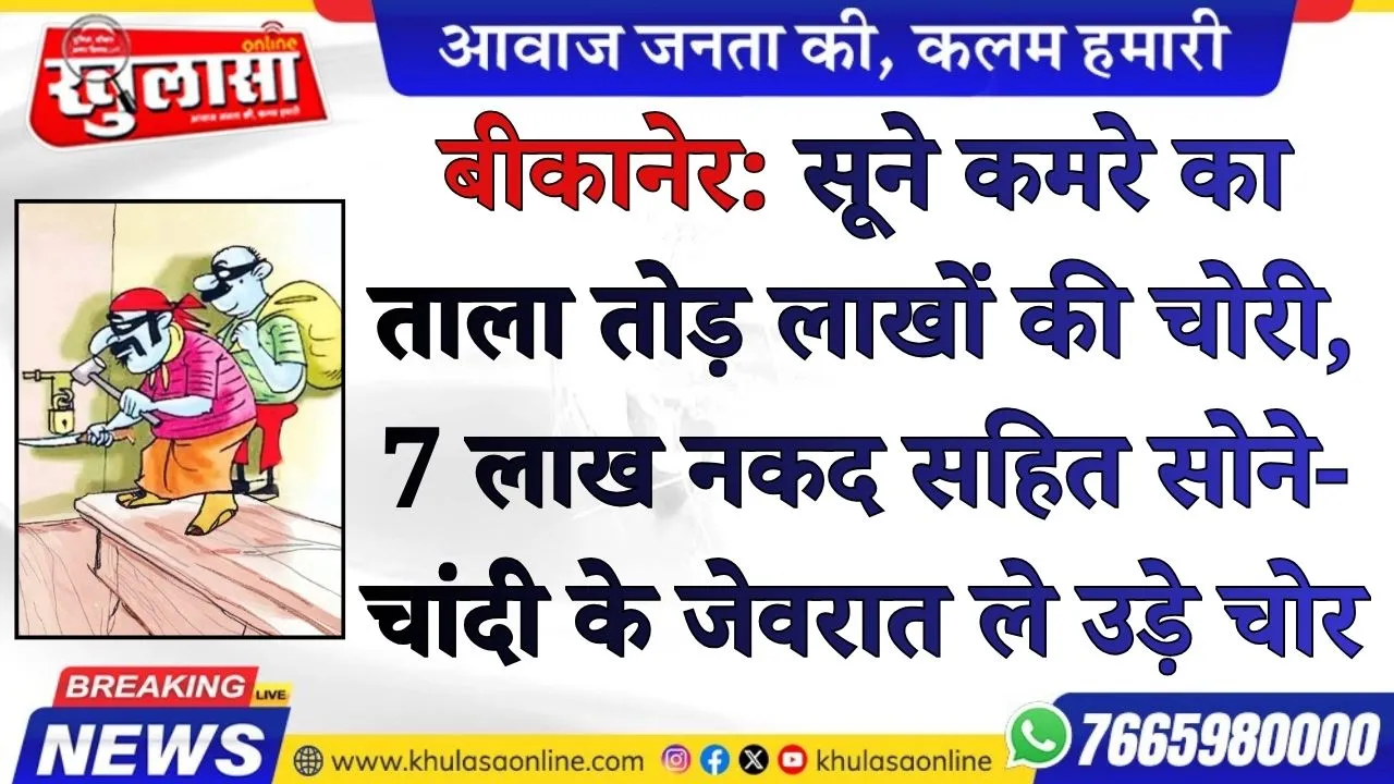 बीकानेर: सूने कमरे का ताला तोड़ लाखों की चोरी, 7 लाख नकद सहित सोने-चांदी के जेवरात ले उड़े चोर