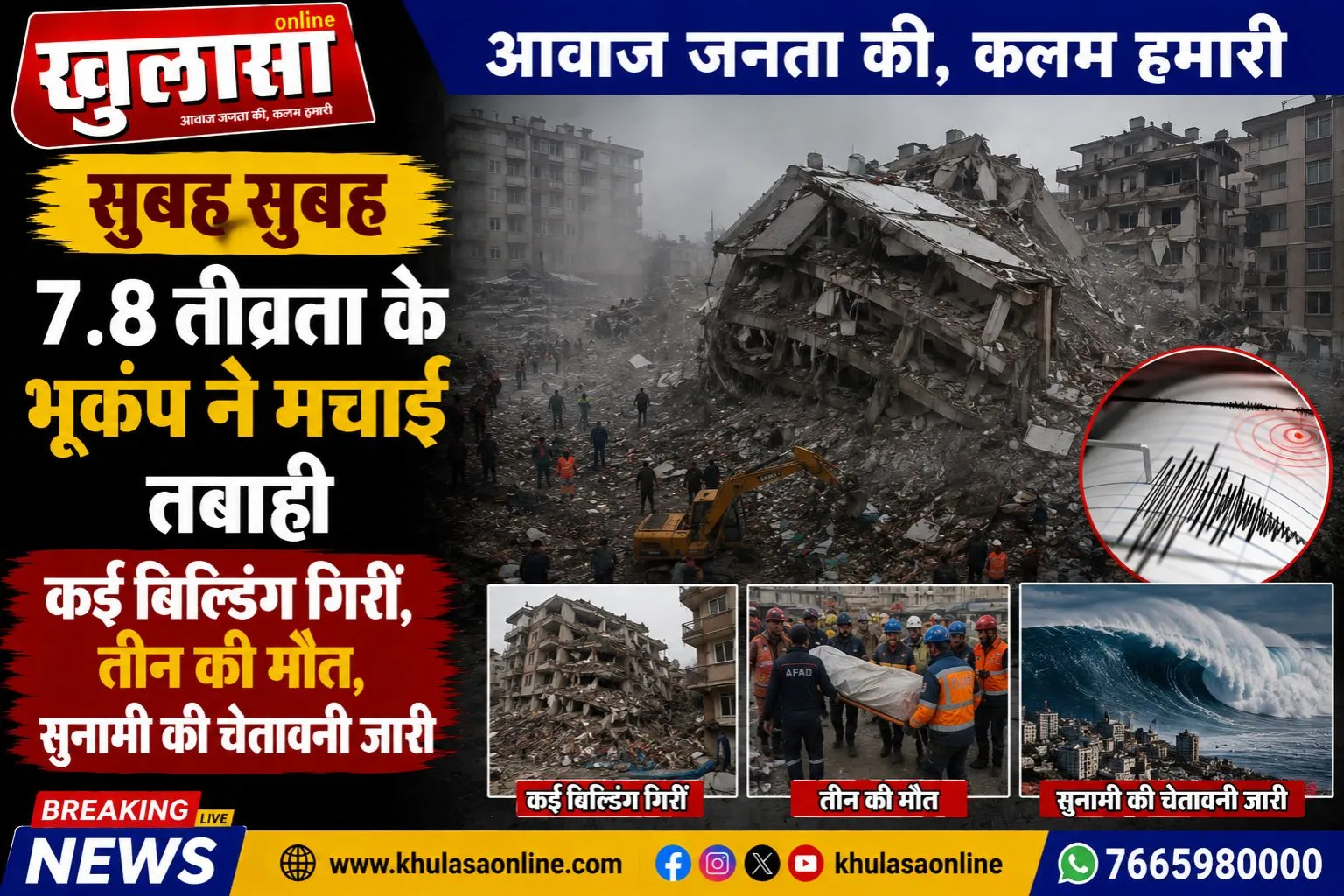सुबह सुबह 7.8 तीव्रता के भूकंप ने मचाई तबाही, कई बिल्डिंग गिरीं, तीन की मौत,सुनामी की चेतावनी जारी