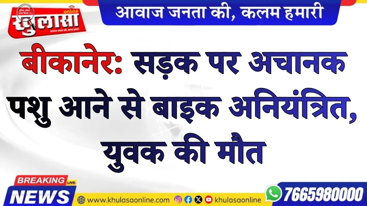 बीकानेर: सड़क पर अचानक पशु आने से बाइक अनियंत्रित, युवक की मौत