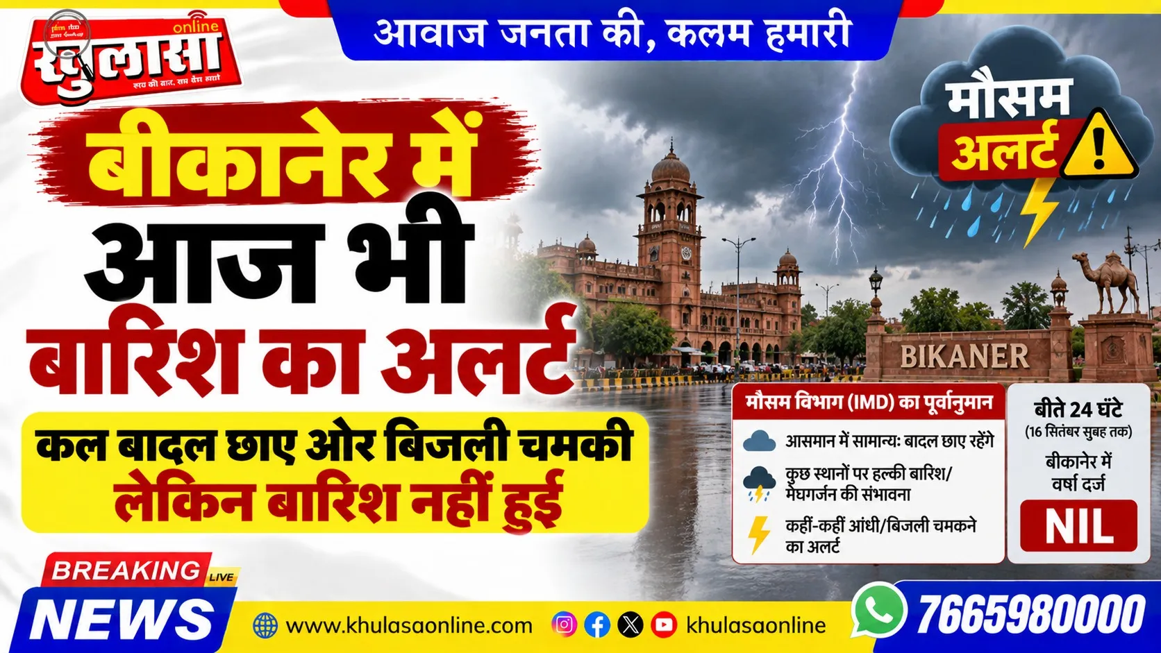 बीकानेर में आज भी बारिश का अलर्ट, कल बादल छाए और बिजली चमकी लेकिन बारिश नहीं हुई
