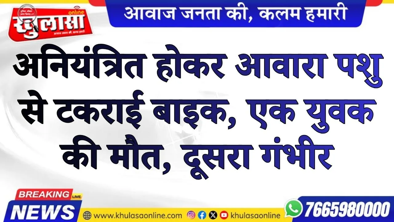 अनियंत्रित होकर आवारा पशु से टकराई बाइक, एक युवक की मौत, दूसरा गंभीर