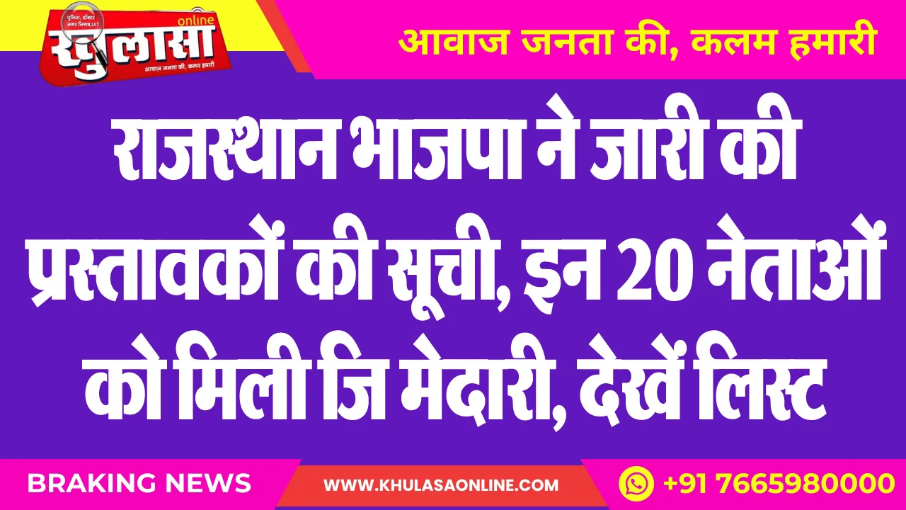 राजस्थान भाजपा ने जारी की प्रस्तावकों की सूची, इन 20 नेताओं को मिली जिम्मेदारी, देखें लिस्ट